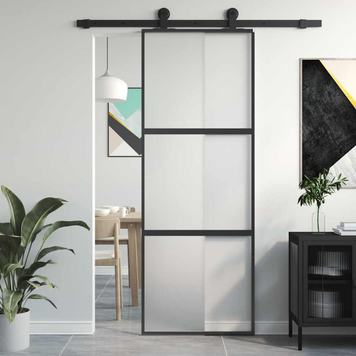 Drsna vrata črna 76x205 cm kaljeno steklo in aluminij